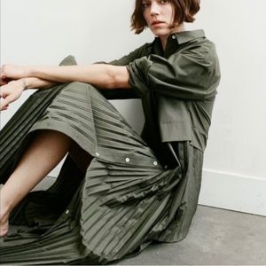 NWOT Zara Olive Green Pleated Collar Midi/Maxi Shirt Dress XS
